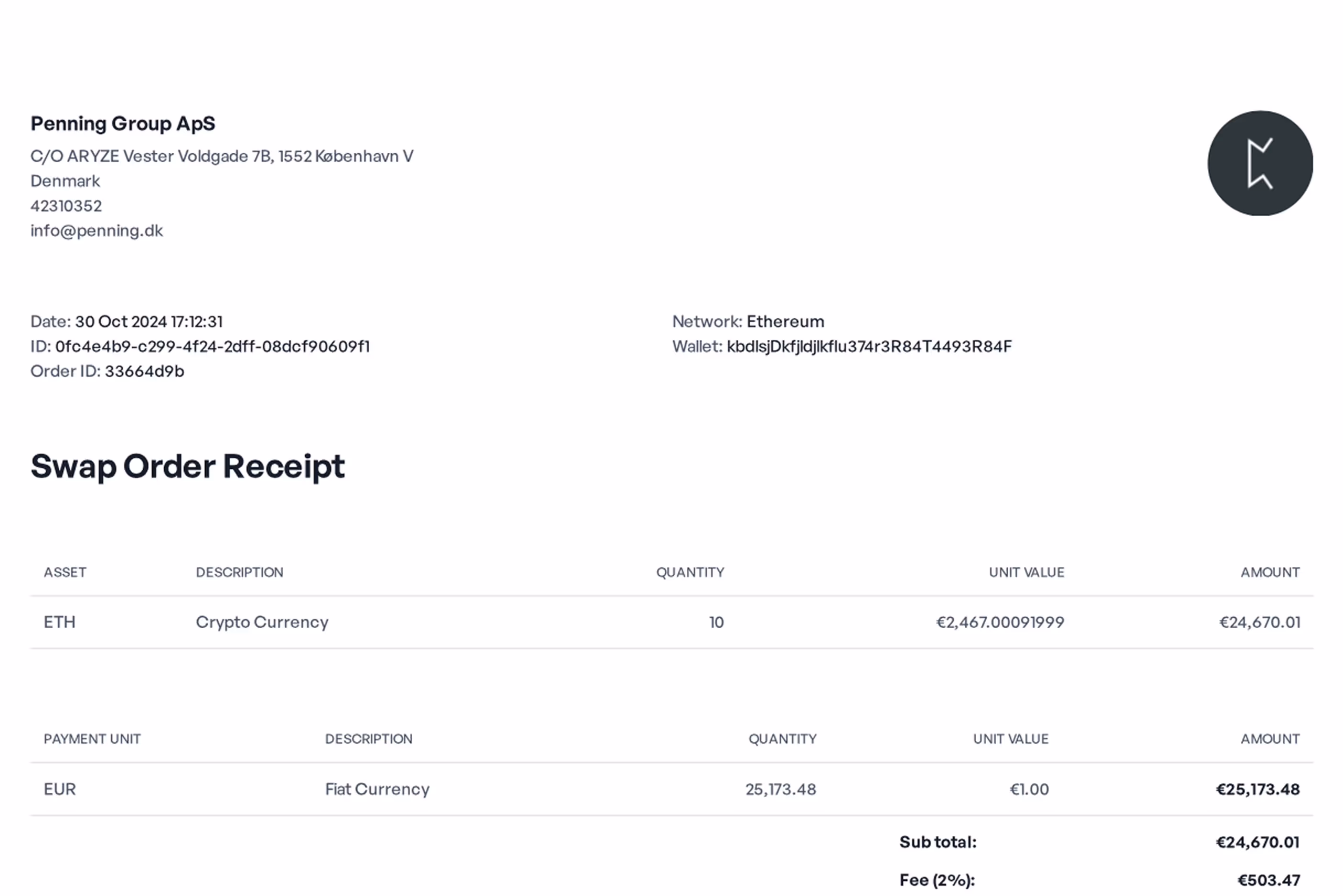 Penning OTC trade receipt example